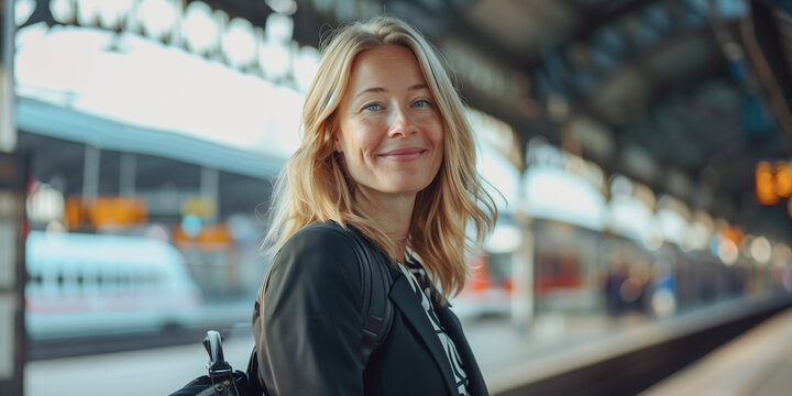 Pendlerin wartet am Bahnsteig auf die n&auml;chste Bahn