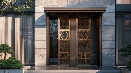 An artistic main door design with custom hand-carved motifs or etched glass panels, adding a personalized touch of craftsmanship and individuality to the modern house facade in - obrazy, fototapety, plakaty