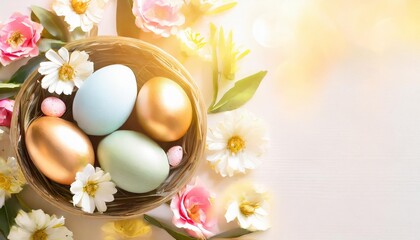 Obraz na płótnie Canvas easter poster and banner template with beautiful easter multi colored eggs and flowers promotion and shopping template for easter beautiful easter promotion banner top view flat lay space for text