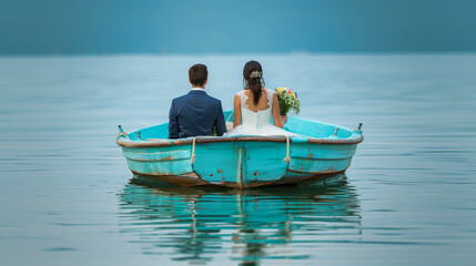 wedding couple sitting in a boat on a lake, rear view, she is holding a wedding bouquet