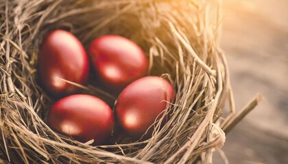 colored deep red easter eggs in nest top view background selective focus image happy easter card