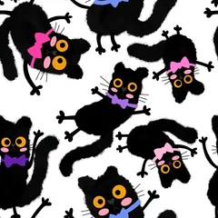 Fotobehang Watercolor spots animals seamless Halloween cats pattern for wrapping paper and fabrics and kids print and party © Tetiana