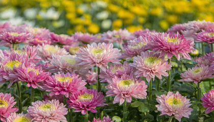 Flowers wall background with amazing red,orange,pink,purple,green and white chrysanthemum flowers ,Wedding decoration, hand made Beautiful flower wall background