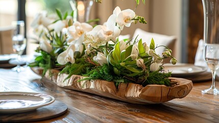 Reimagine rustic elegance a?" Let AI craft the perfect image, showcasing a wooden tray as the nucleus of a gracefully designed centerpiece