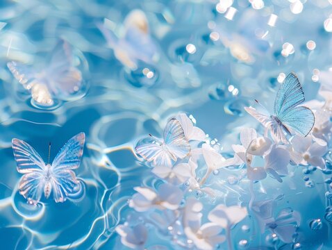 Blue twinkling butterflies on water.