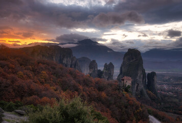 Sunset moment at Meteora monasteries in Greece.