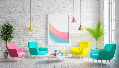 Colorful poster template on a white brick wall