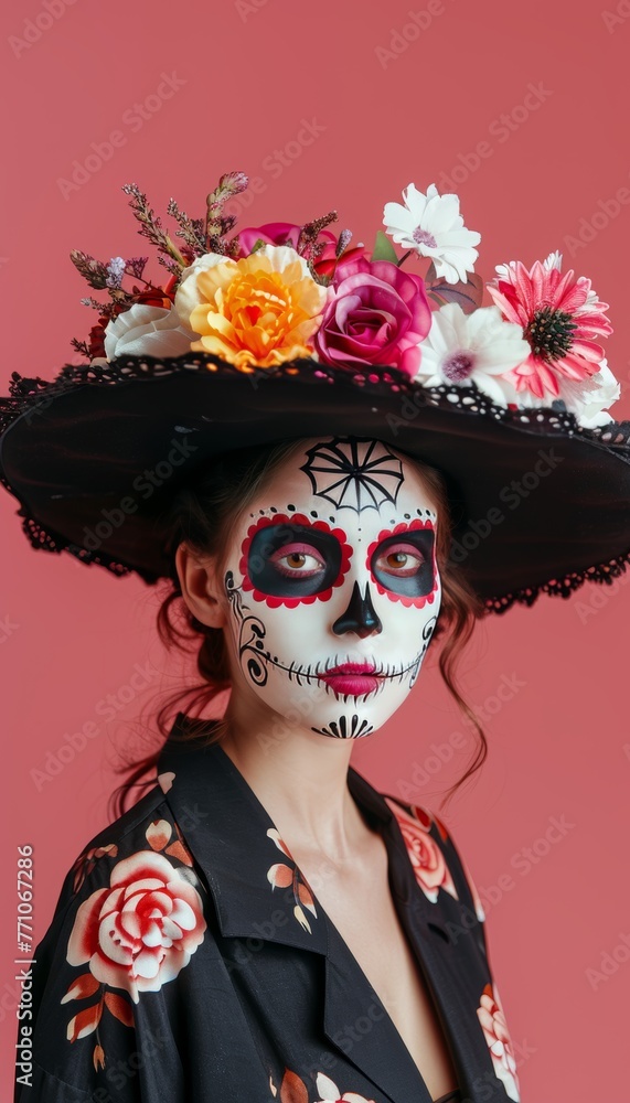 Poster day of the dead skeleton face painting background with ample space for text placement
