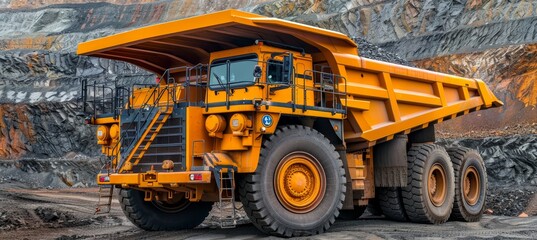 Obraz na płótnie Canvas Large yellow anthracite coal mining truck in open pit mine industry for efficient coal extraction