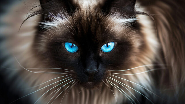 A serene Himalayan cat with striking blue eyes and a fluffy coat.