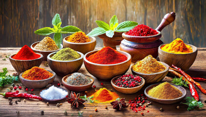 Spices and herbs. Colorful spices on wooden table