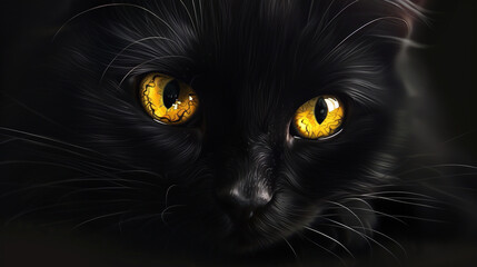 A sleek black cat with piercing yellow eyes and a shiny coat.