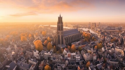 Super wide 360 degrees panoramic aerial view of the medieval Dutch centre of Utrecht with Inktpot building and cathedral towering - obrazy, fototapety, plakaty