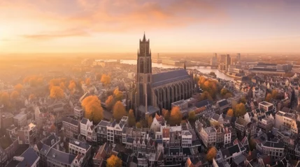 Foto auf Glas Super wide 360 degrees panoramic aerial view of the medieval Dutch centre of Utrecht with Inktpot building and cathedral towering © haizah