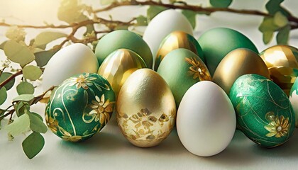 Obraz na płótnie Canvas colourful and funny easter eggs decoration emerald green gold and white
