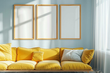 An airy Scandinavian living room with a bright yellow sofa standing out against a soft blue wall. Three empty mock-up poster frames in natural wood are symmetrically arranged above the sofa,