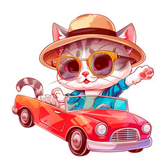 A cute cartoon cat in sunglasses, a hat and fashionable clothes is driving a red convertible car. Sticker illustration.