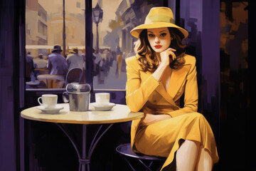 Woman in yellow clothes and hat in a purple Parisian cafe
