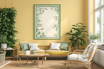 A bright and airy living room in Scandinavian style, where a sunny yellow wall adds warmth. On this wall, a green-framed poster showcases abstract botanical art