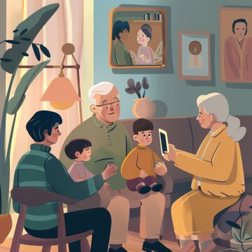 A heartwarming scene of a family video call in progress on a messaging app, connecting grandparents with their grandchildren who live far away. The background features a cozy living room, emphasizing