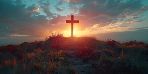 Symbolizing Easter and the Resurrection of Jesus: A silhouette of a cross on a hill at sunrise. Concept Easter Sunrise, Cross Silhouette, Resurrection Symbol - obrazy, fototapety, plakaty