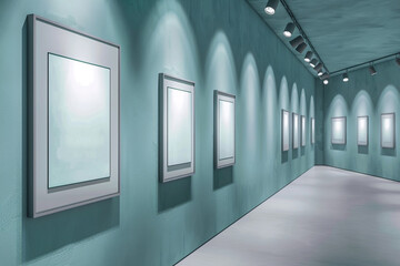 A contemporary art gallery with walls of a soft, powder blue shade and an array of ultra-modern, matte grey frame mockups. Each frame is precisely illuminated by sleek,