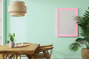 A contemporary, Scandinavian-style dining area with a cool mint wall, featuring a hot pink frame mockup poster. The space boasts a wooden dining table, minimalist chairs