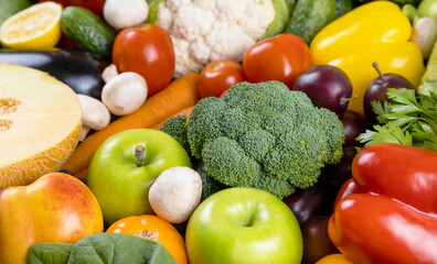 A set of fruits and vegetables, close up. The concept of healthy and wholesome food.