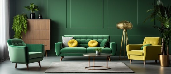 A house with green walls and furniture, complemented by yellow chairs. The interior design features a mix of colors creating a vibrant living room atmosphere