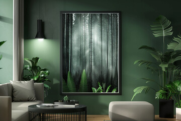 A modern, minimalist living room with a rich green wall, creating a calm and refreshing environment. A black-framed poster