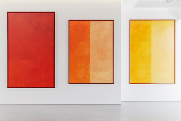 A modern white art gallery features three blank mock-up walls in a harmonious display of red, orange, and yellow,