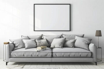 A Scandinavian living room with a slate grey sofa against a bright white wall. One large blank empty mock-up poster frame in a classic black finish 