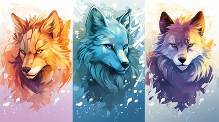 Triptych of Vibrant Stylized Wolf Portraits