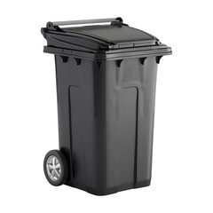 A black trash can with wheels, designed for easy mobility and convenience, displayed on a plain white background.