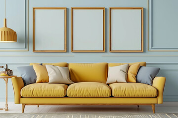 A stylish Scandinavian living room with a mustard yellow sofa set against a pale blue wall. Three empty mock-up poster frames 