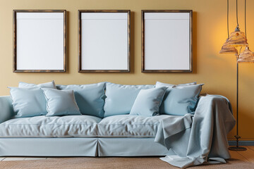 A tranquil Scandinavian living room with a powder blue sofa set against a warm mustard wall. Three blank mock-up poster frames 