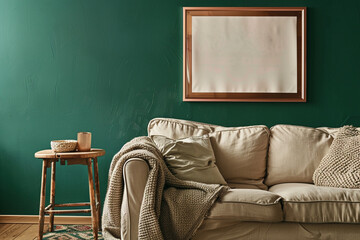 A warm, inviting Scandinavian living area with a rich, emerald green wall, showcasing a rose gold frame mockup poster. 
