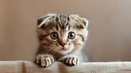 A wide-eyed Scottish Fold kitten with folded ears and a curious expression.