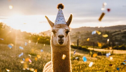 photo of a llama wearing a party hat and confetti - obrazy, fototapety, plakaty