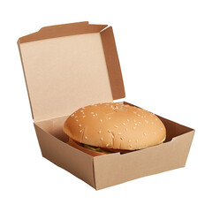 A hamburger placed in a cardboard box, set against a white background. The box is closed, with no toppings visible.