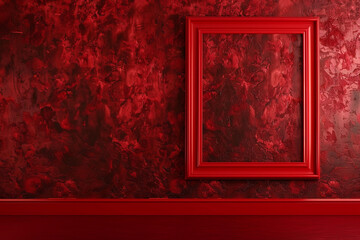 Inside a modern art gallery, a wall in a rich, burgundy red sets the backdrop for an empty, scarlet...
