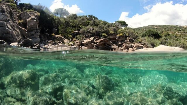 Over-under shot showing a rocky coast above water and a vibrant underwater ecosystem of marine reserve, below of Cavoli beach of Elba island in Italy