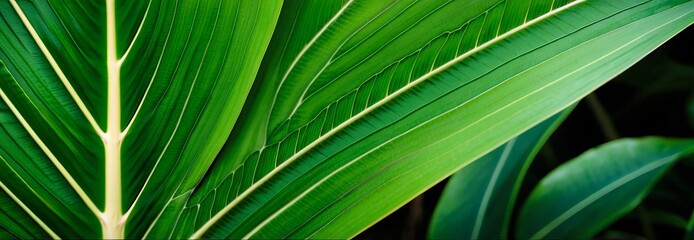 vibrant green tropical leaves with natural patterns and rich texture. green background, tropical landscape, wide banner, botanical flora. top view