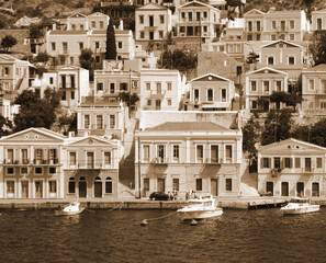 Greece. Island Symi. In Sepia toned. Retro style