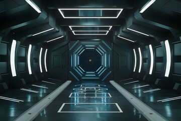 Empty dark room portrays modern futuristic sci fi ambiance, 3D - obrazy, fototapety, plakaty