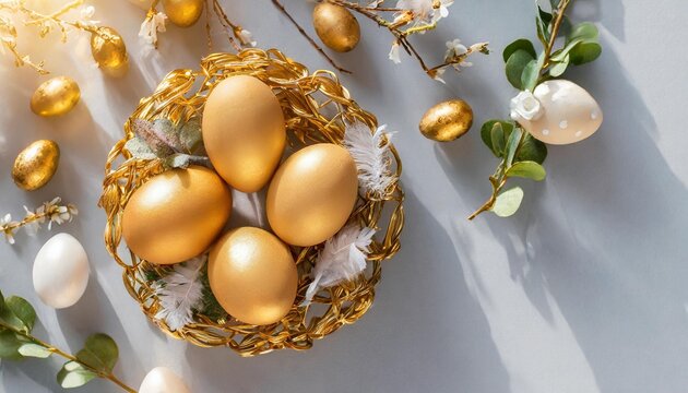 festive composition with chicken eggs and natural decor on light grey background flat lay happy easter