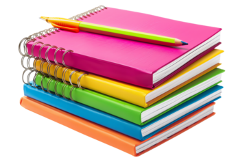 Colorful pens, pencils, and a notebook sprawl on a white desk ready for school or artistic endeavors