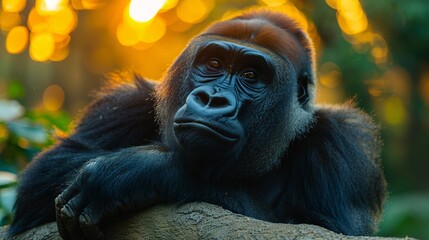 Thoughtful gorilla resting its chin on its hand against a bokeh of warm sunset lights