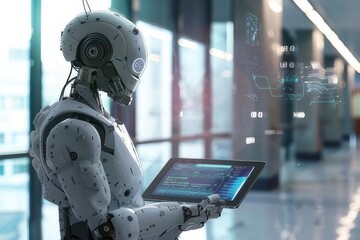 robot doctor in a hospital room with a tablet in his hands against the background of a window . The concept of future technologies.