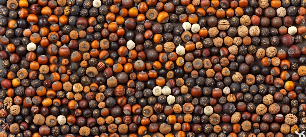 Poster assorted nuts arranged in natural background, top view composition with a variety of nut types